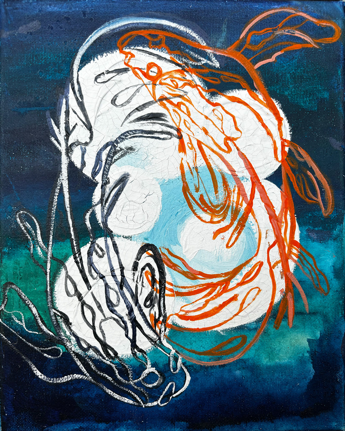 koi fish abstract painting   bubbles Ocean orange blue White