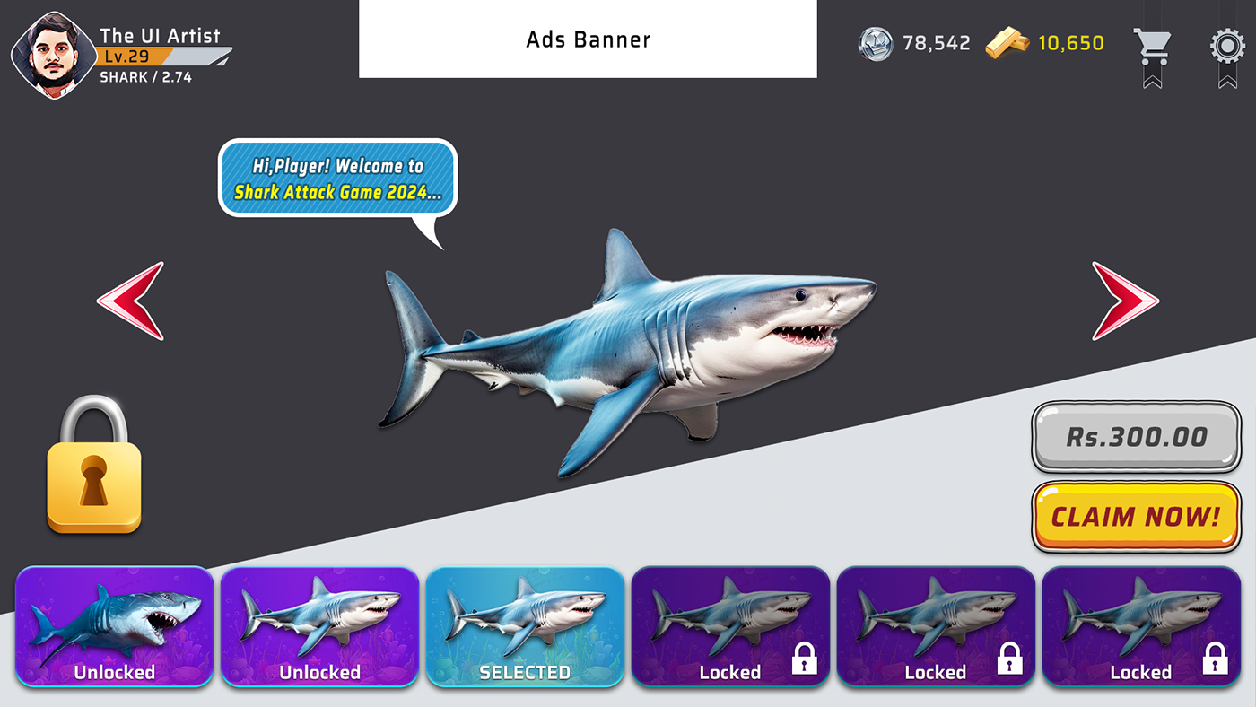 SHARK HUNTING GAME UI hunting game ui UI game ui user interface UI/UX ANGRY SHARK GAME UI ANGRY SHARK HUNTING UI SHARK HUNTING UI