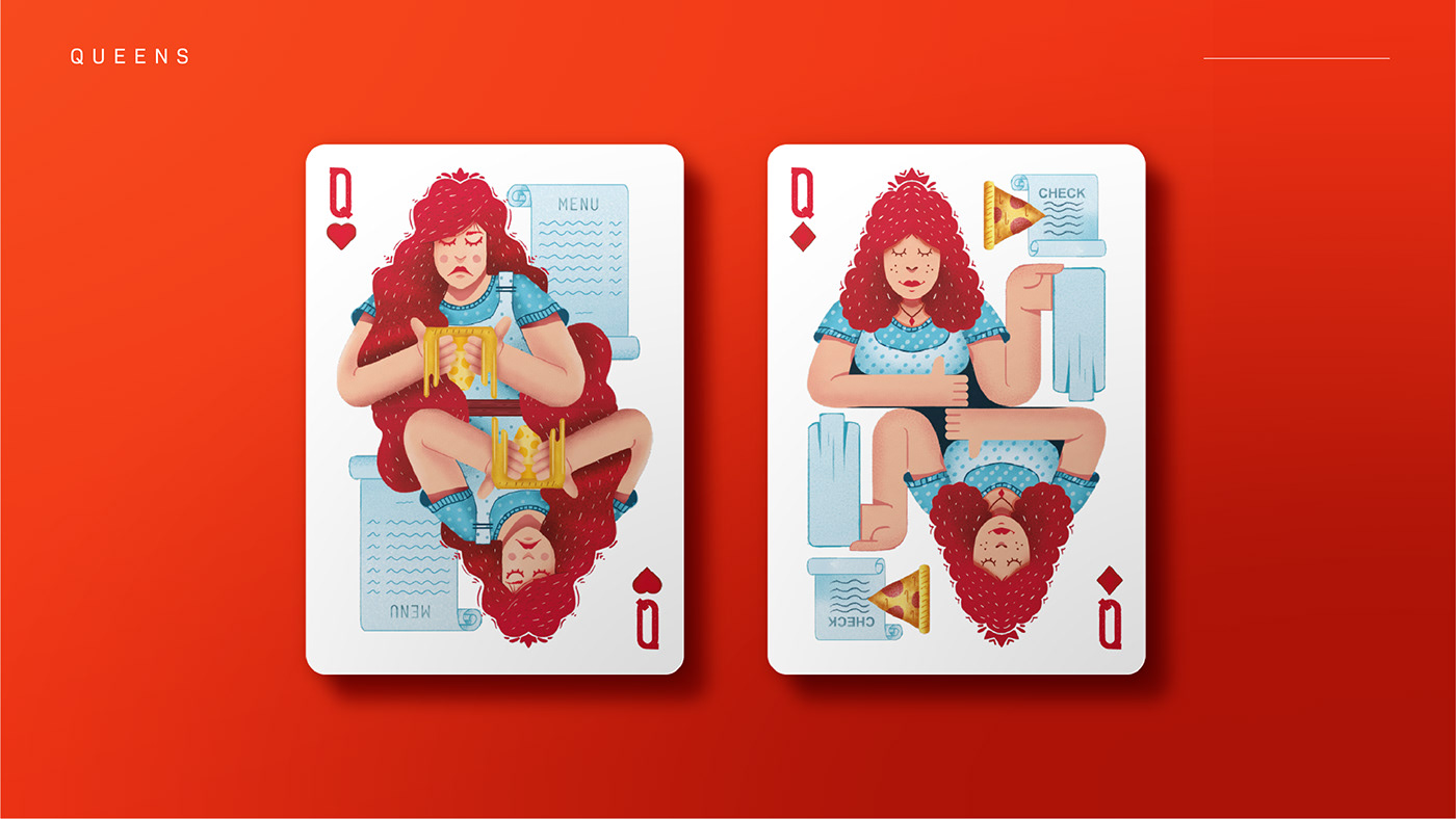 cards Character deck game ILLUSTRATION  king Pizza playing Playing Cards queen
