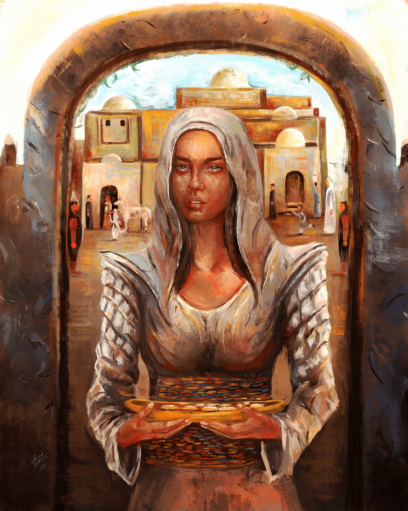 arabian woman boy painting   Drawing  concept art scene historical digital painting poster