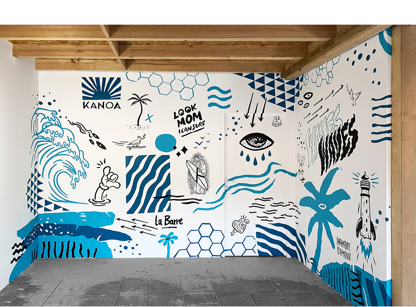 collage Interior lettering logos Mural Office painting   Street Art  surfing wall