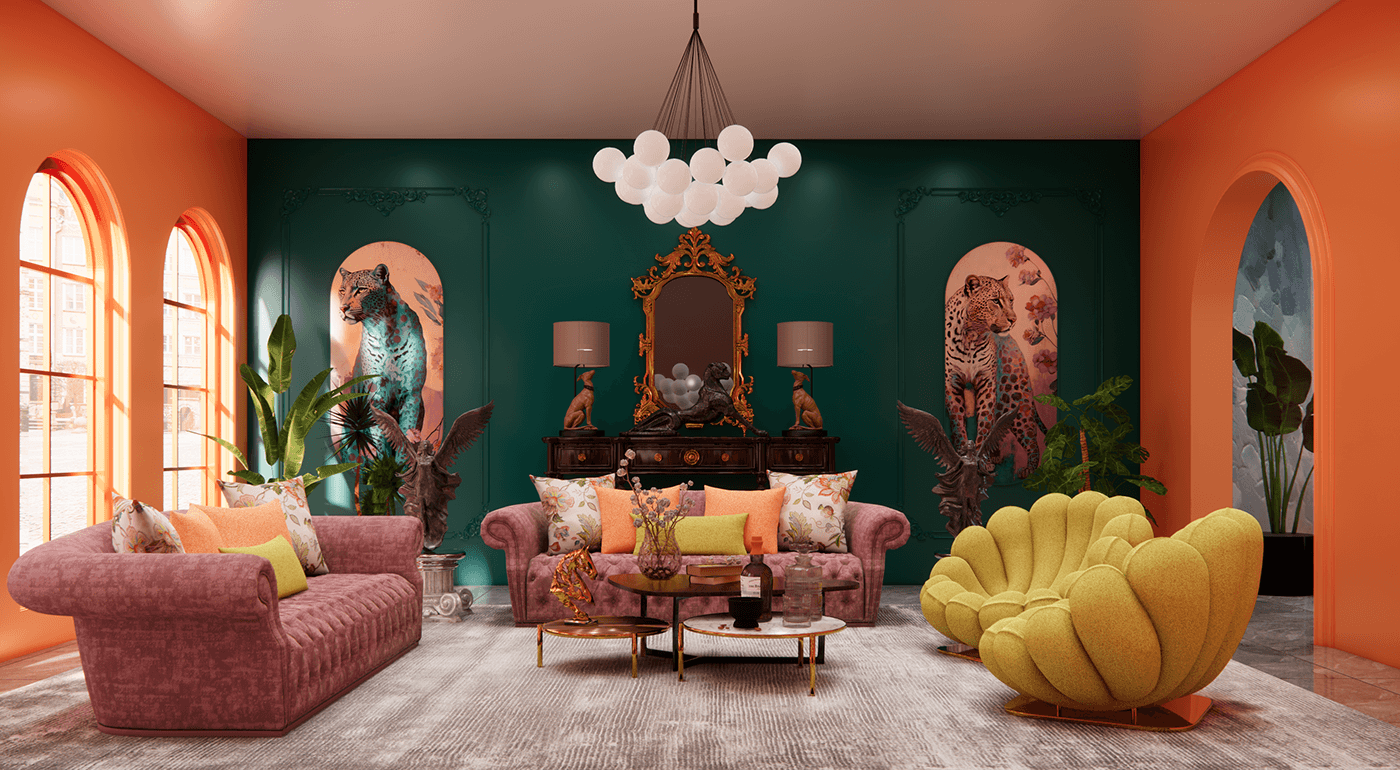 maximalism living room interior design  modern design 3D Render 3ds max vray SketchUP