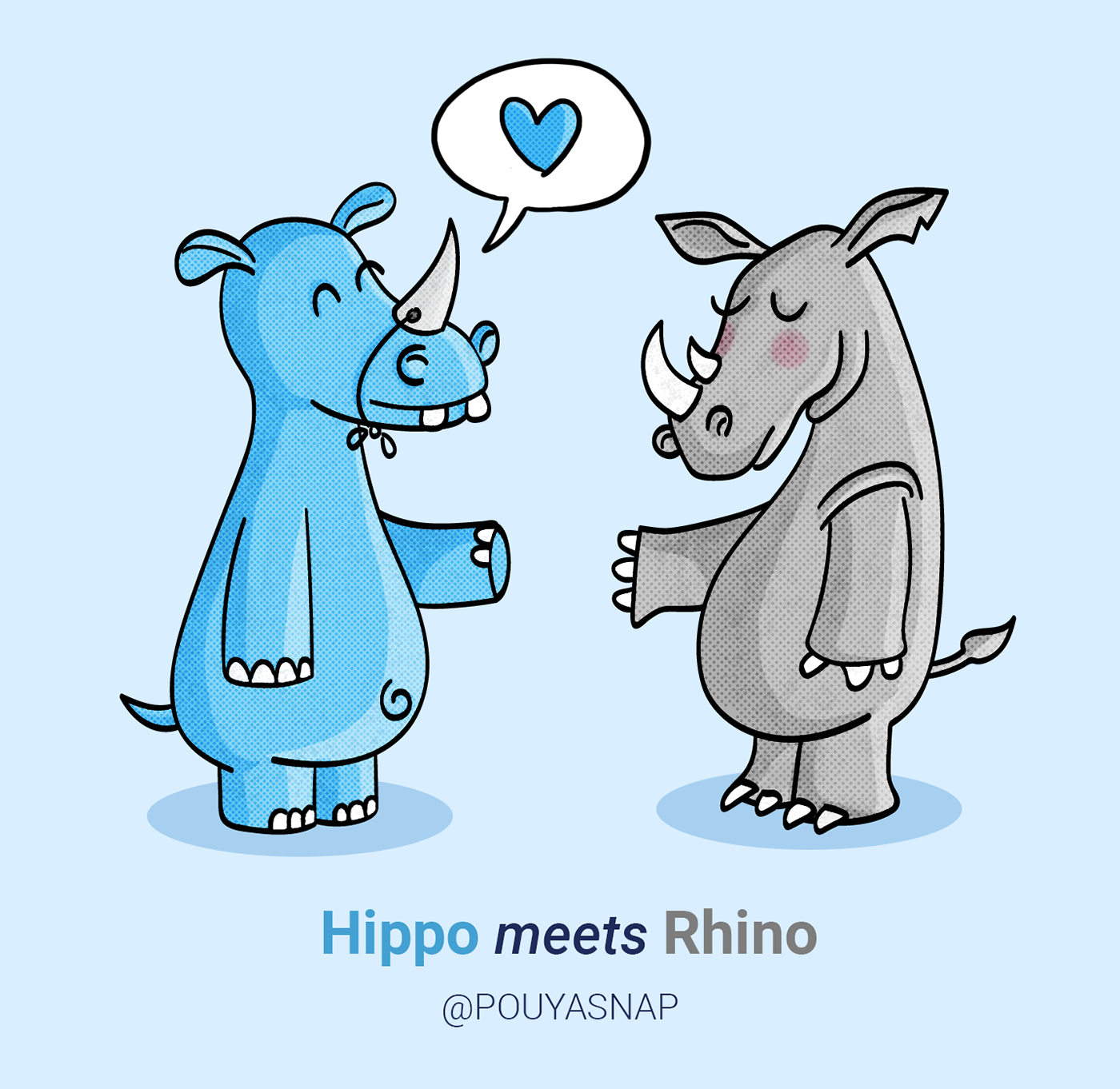 animal cute ILLUSTRATION  Rhino hippo Love digital Drawing  blue