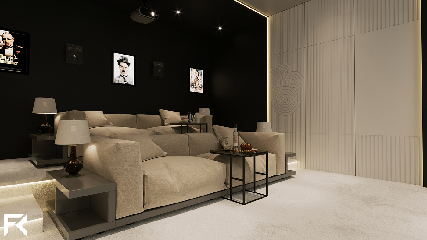 Interior Home CINEMA Acoustic panels Render visualization architecture