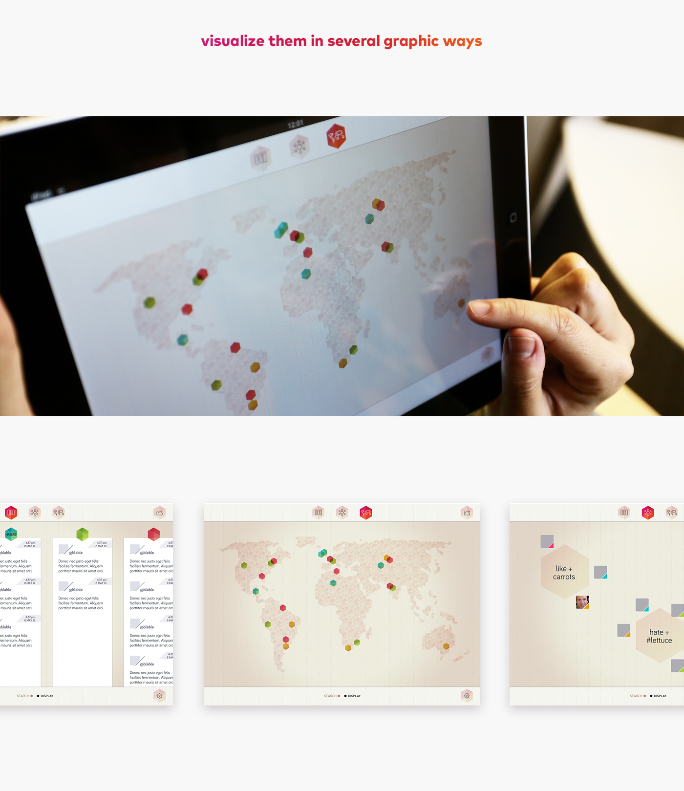app iPad interaction graph infographic twitter concept fucsia orange hexagon grid gesture