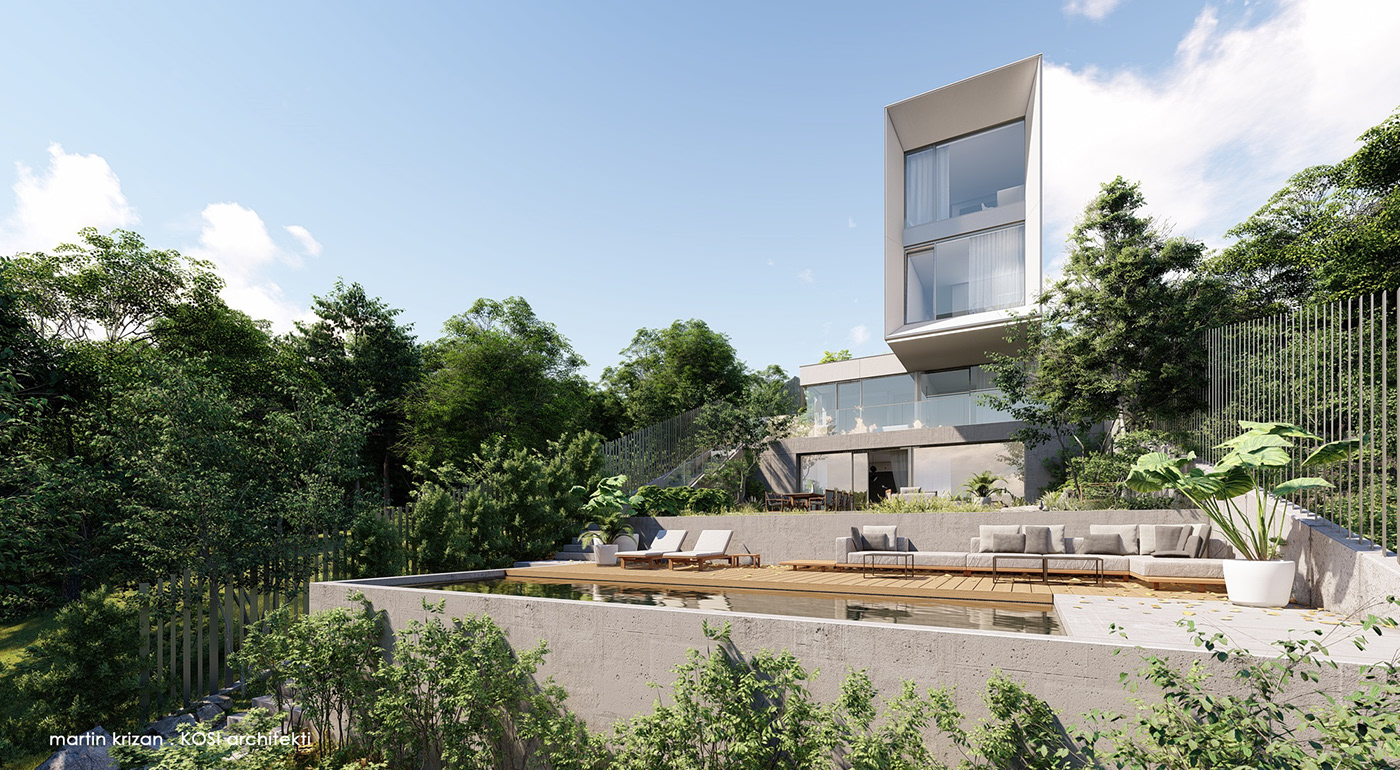 architecture concrete glass minimal modern Nature Villa visualization White