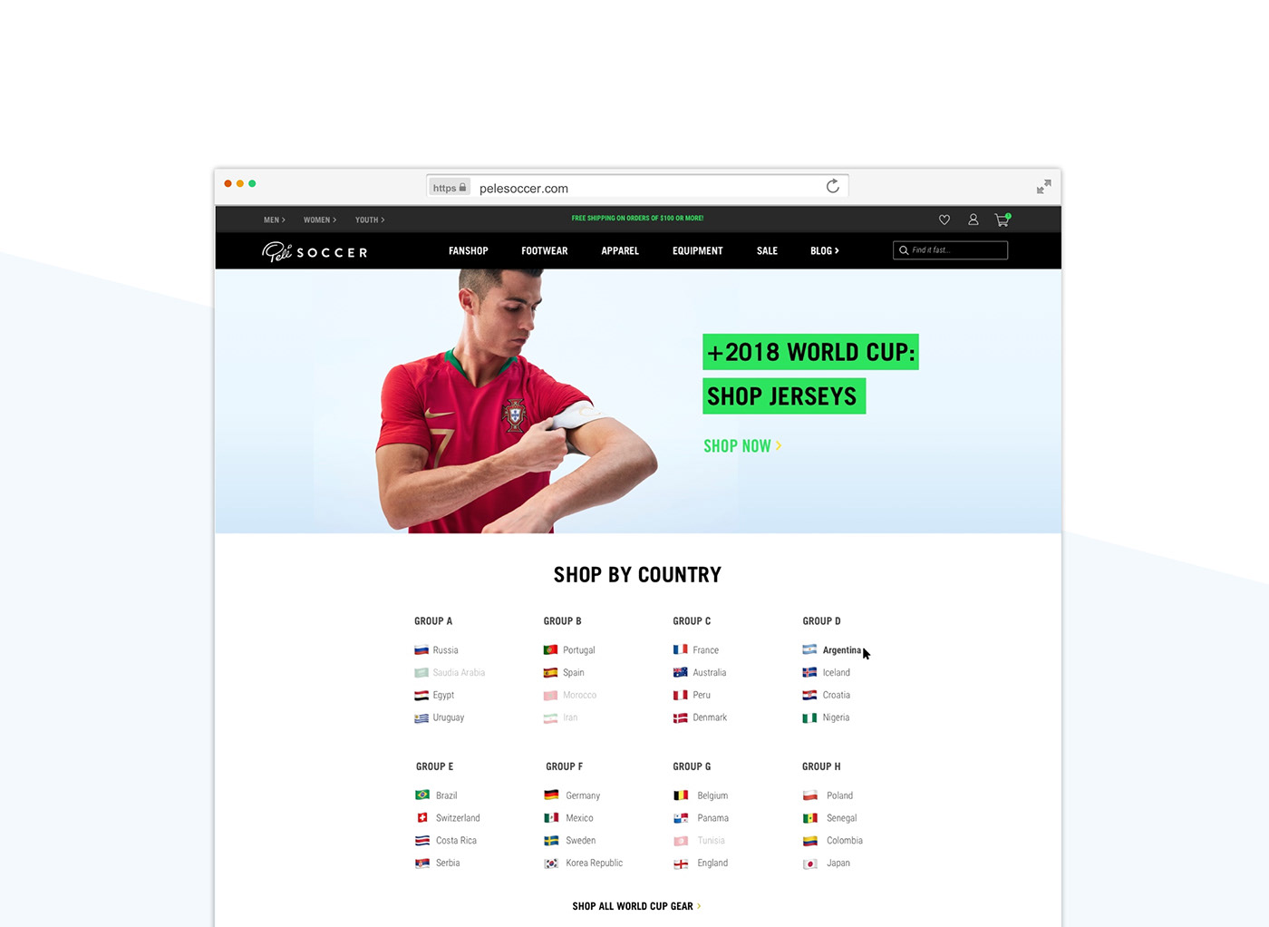 world cup soccer UX design ui design soccer jerseys  Pele Soccer landing page