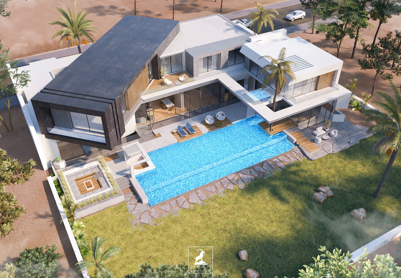 architecturevisualization archviz CGI design exterior modern Pool rendering Villa wood