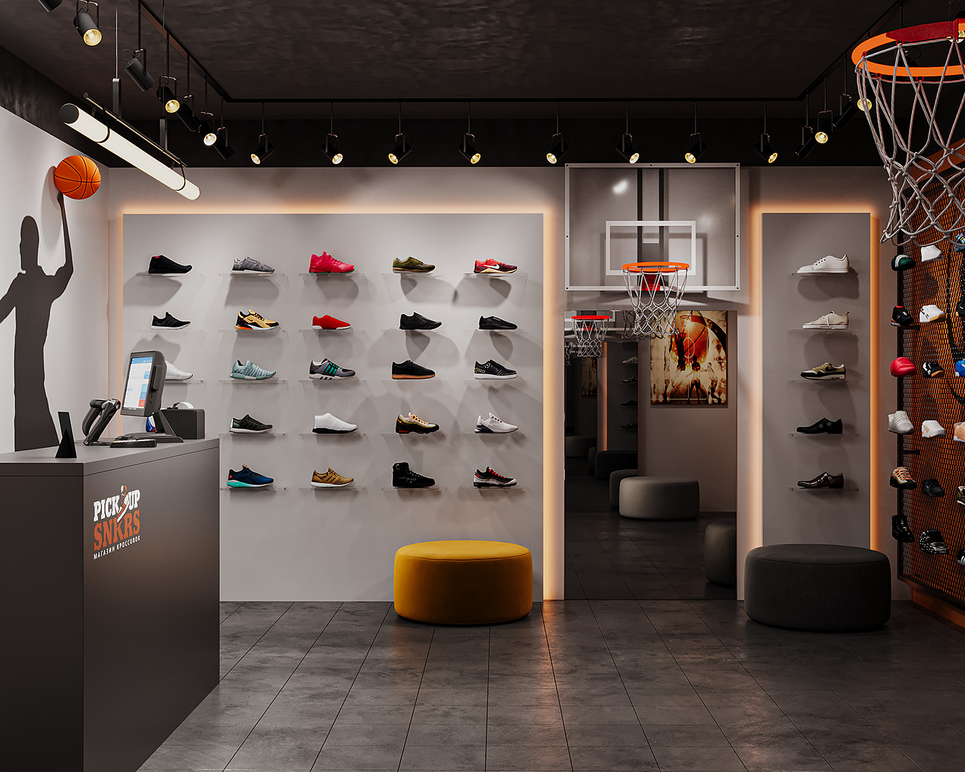 3D Visualization modeling Render Shoe Store shoe shop basketball Interior Visualization 3D-визуализация Визуализация интерьера
