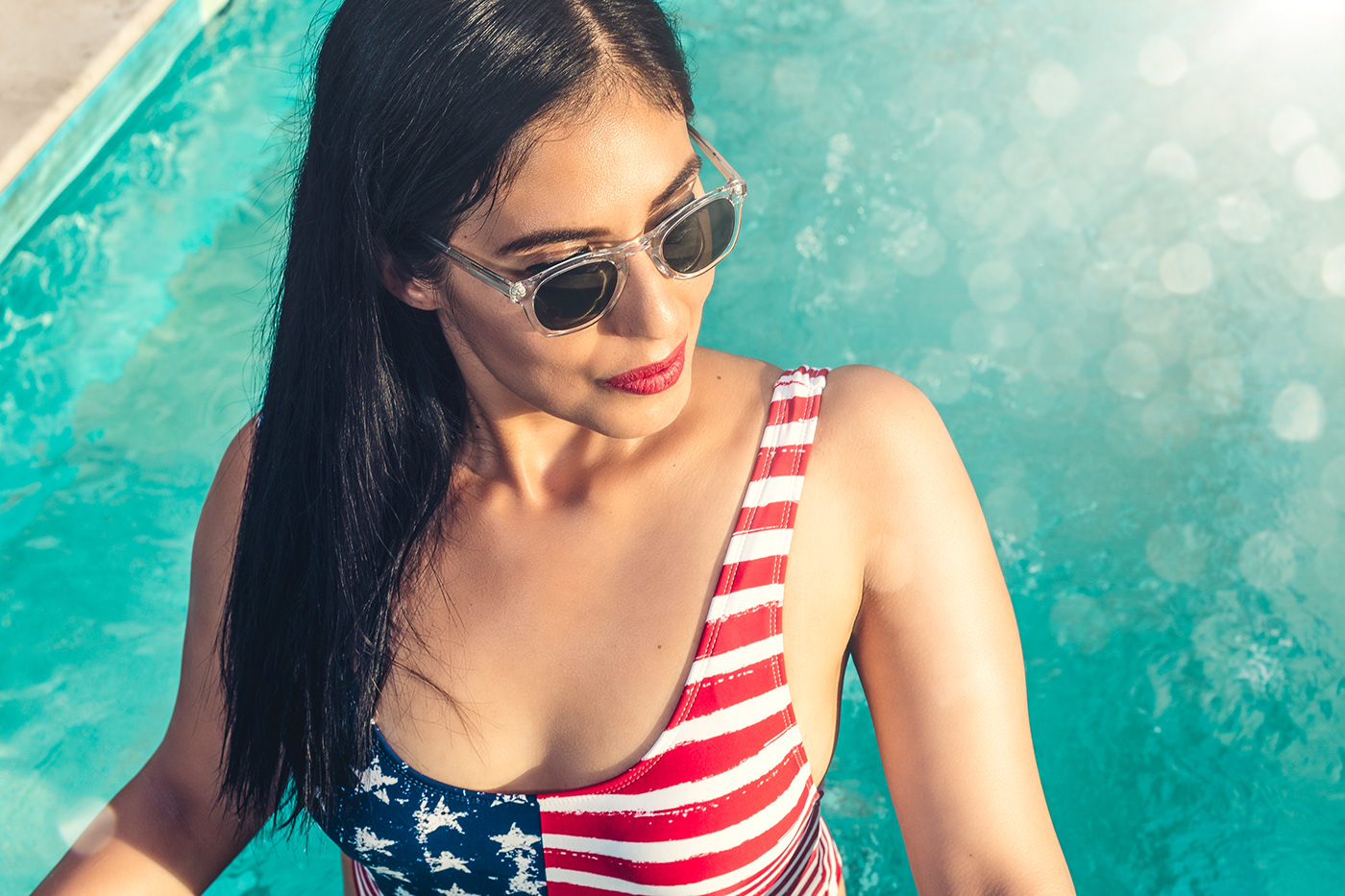 model Pool swimwear Sunglasses beauty Fashion  brunette swimming pool Sun Sunny