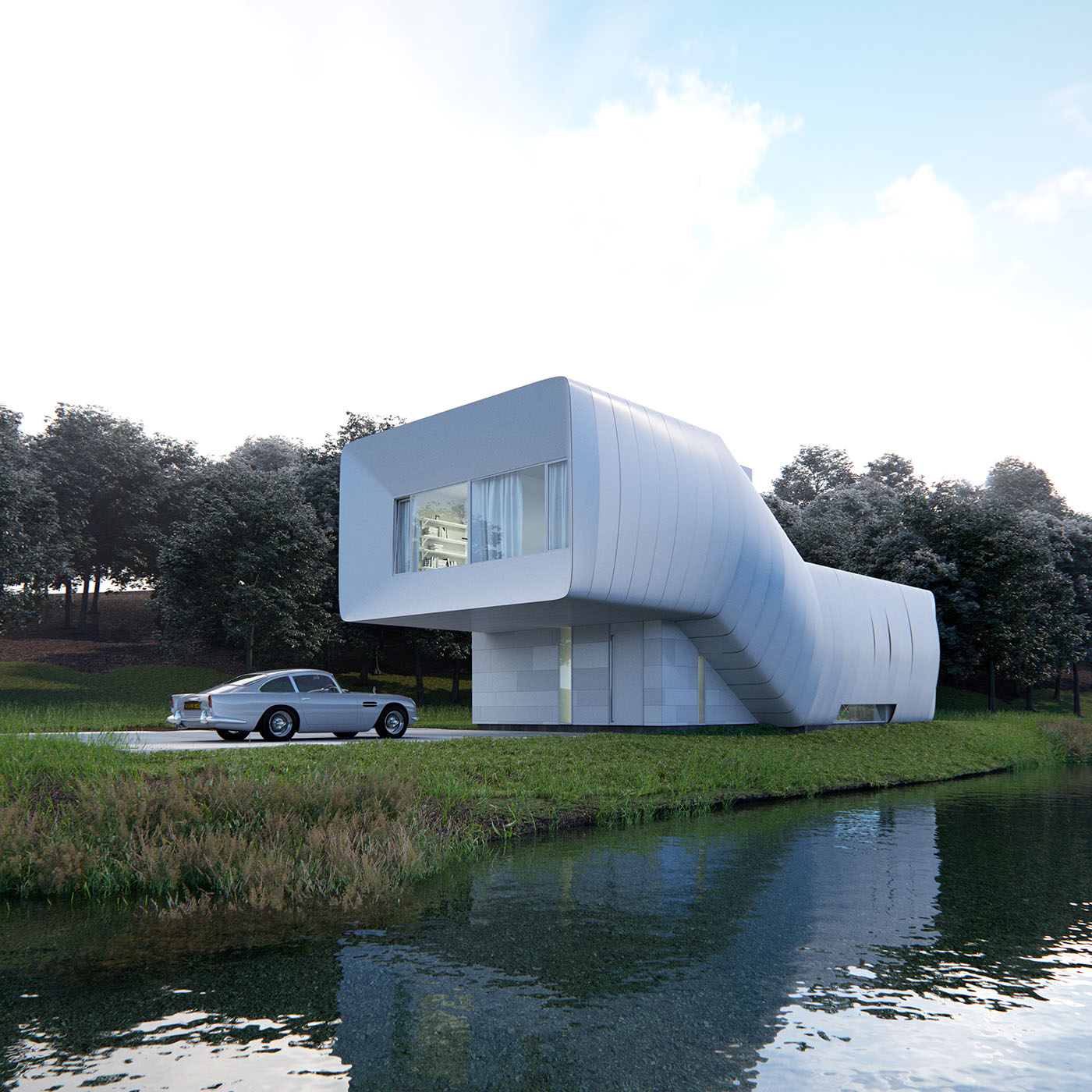 Adobe Portfolio modern house Architectural visualizations 3D exterior corona family house small house lake aston martin
