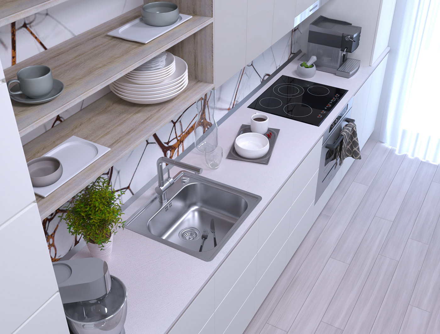 3dsmax CGI coronarenderer epoxy interiordesign kitchen lightcolors NeuralNetwork smallkitchen