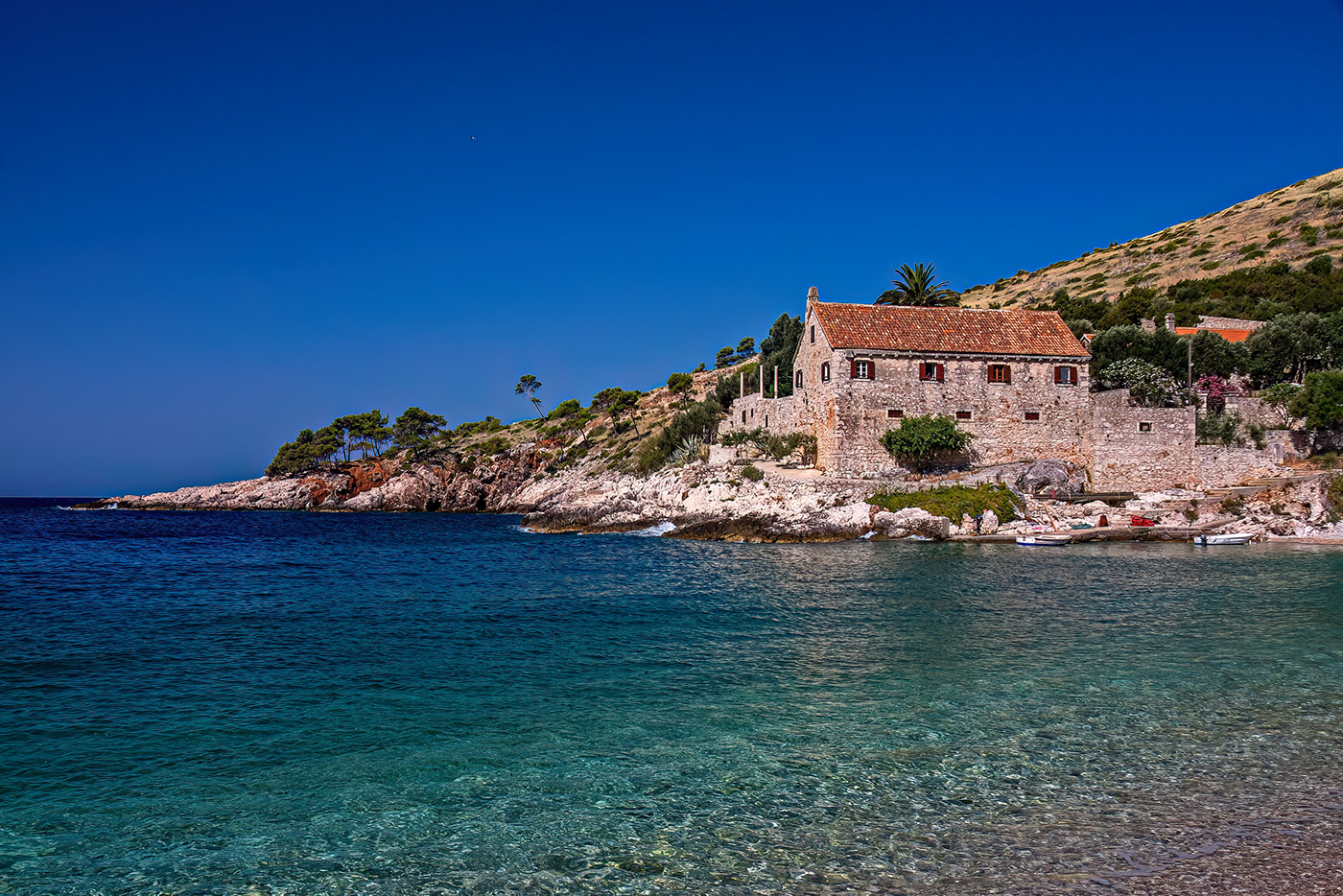 beach boat Croatia Hvar red rocks rocks sea Seaside seaside house seshore