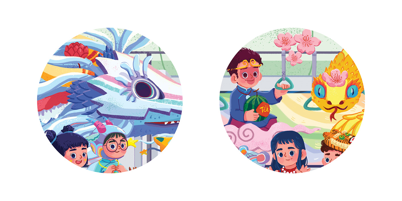 tet vietnam hanoi Ao dai Lunar New Year ILLUSTRATION  metro children  illustration dragon year 2024