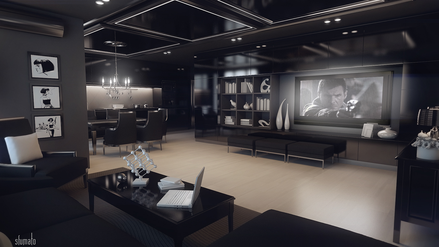 Interior concept design room 3D dark environment
