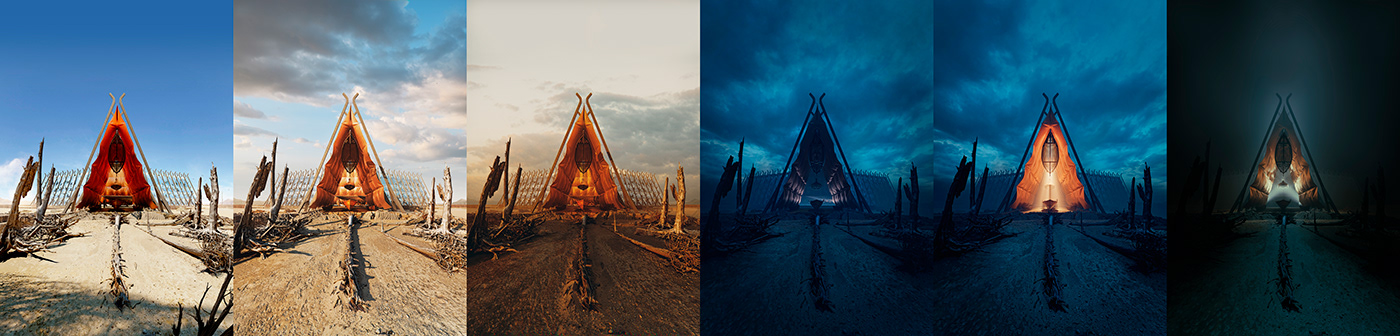 architecture archviz desert DUSK exterior night ship sunset tent visualization
