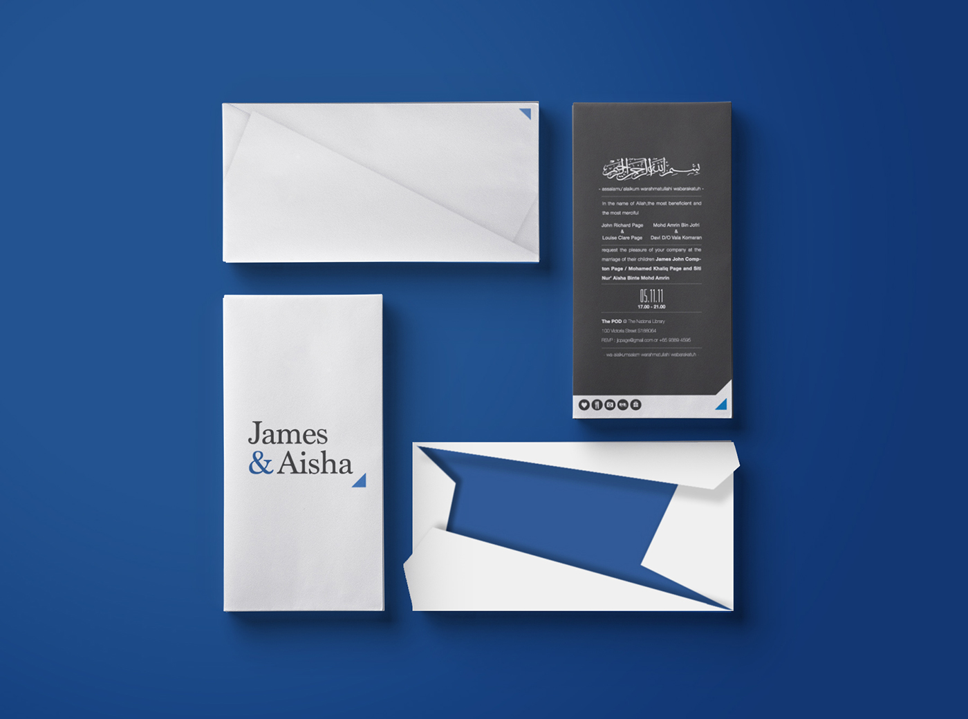 Aisha james wedding Invitation card singapore graphic design contemporary electric blue