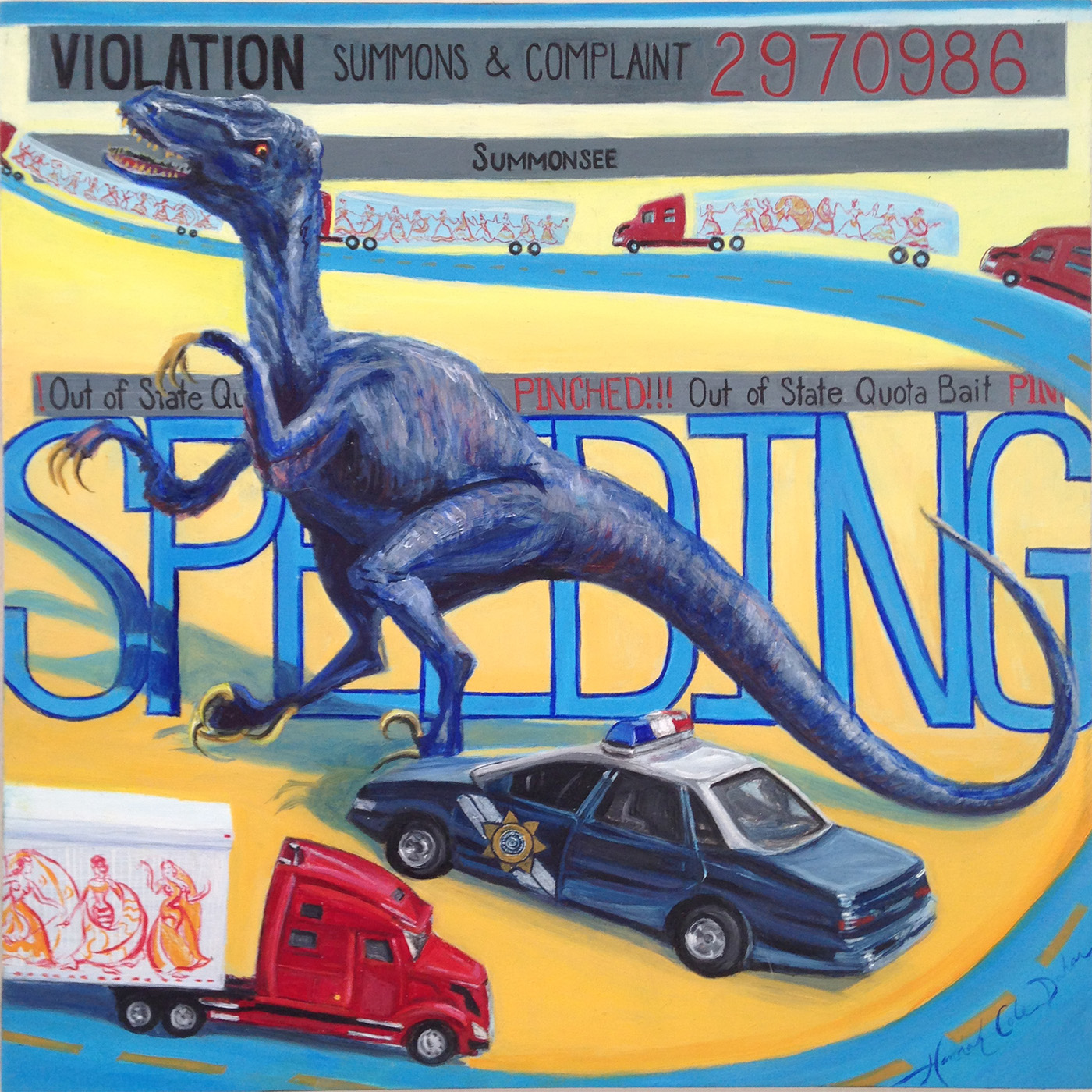 t-rex Police car balinese dancer tractor trailer speeding ticket surreal Dinosaur