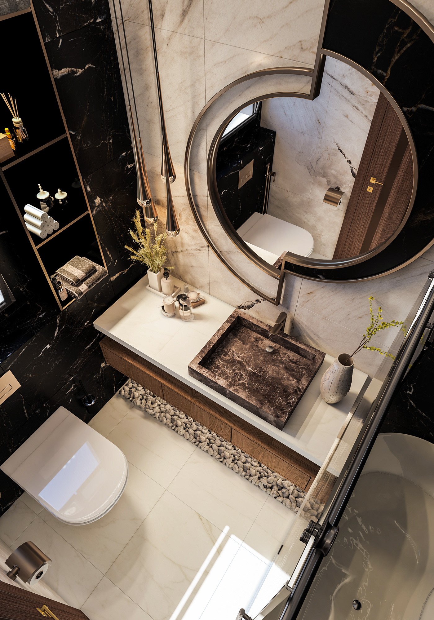 bathroom interior design  dark Theme toilet Interior luxury gold elegant black and white