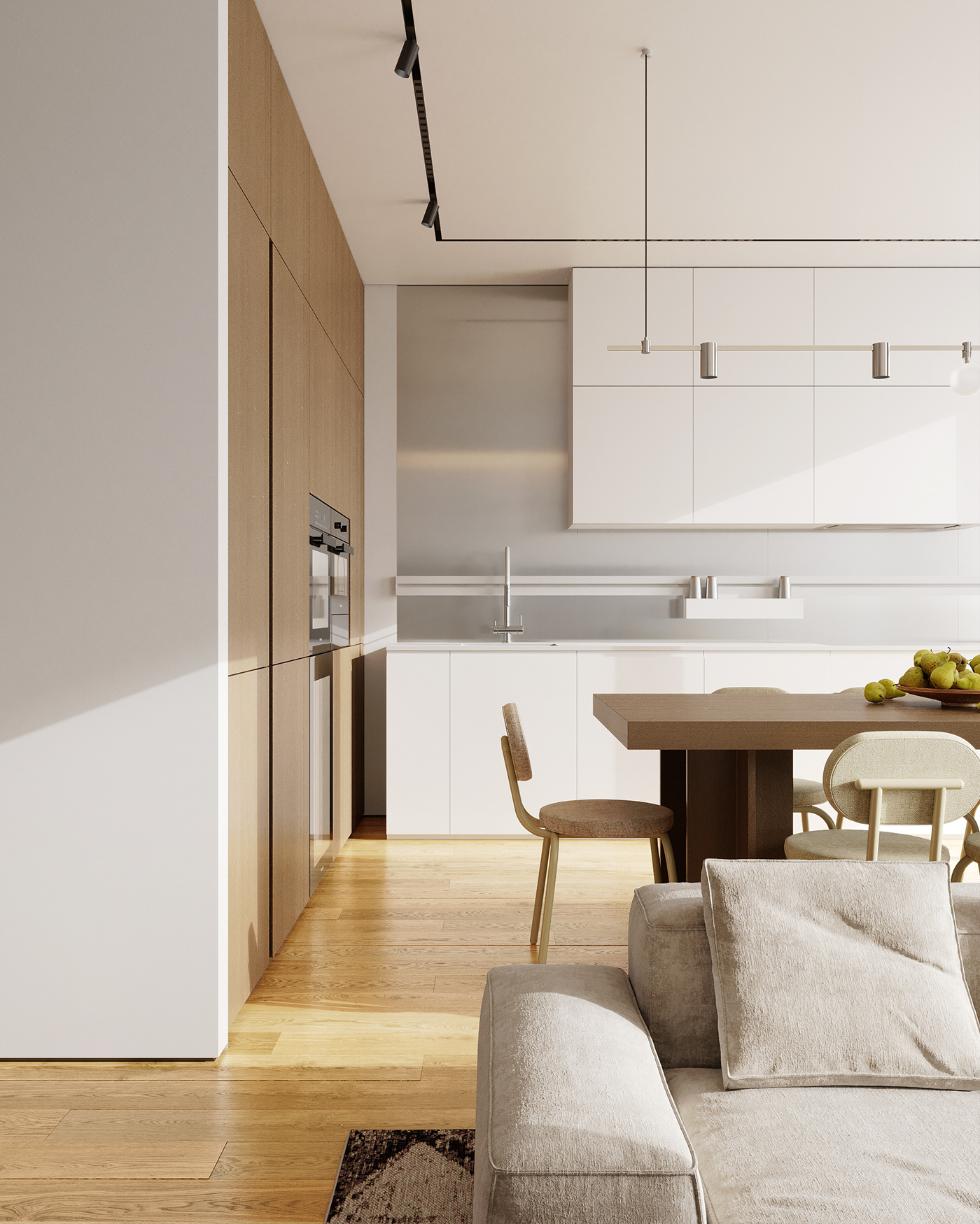 современная кухня гостиная сделана в стиле современного минимализма. светлая кухня и чистый интерьер