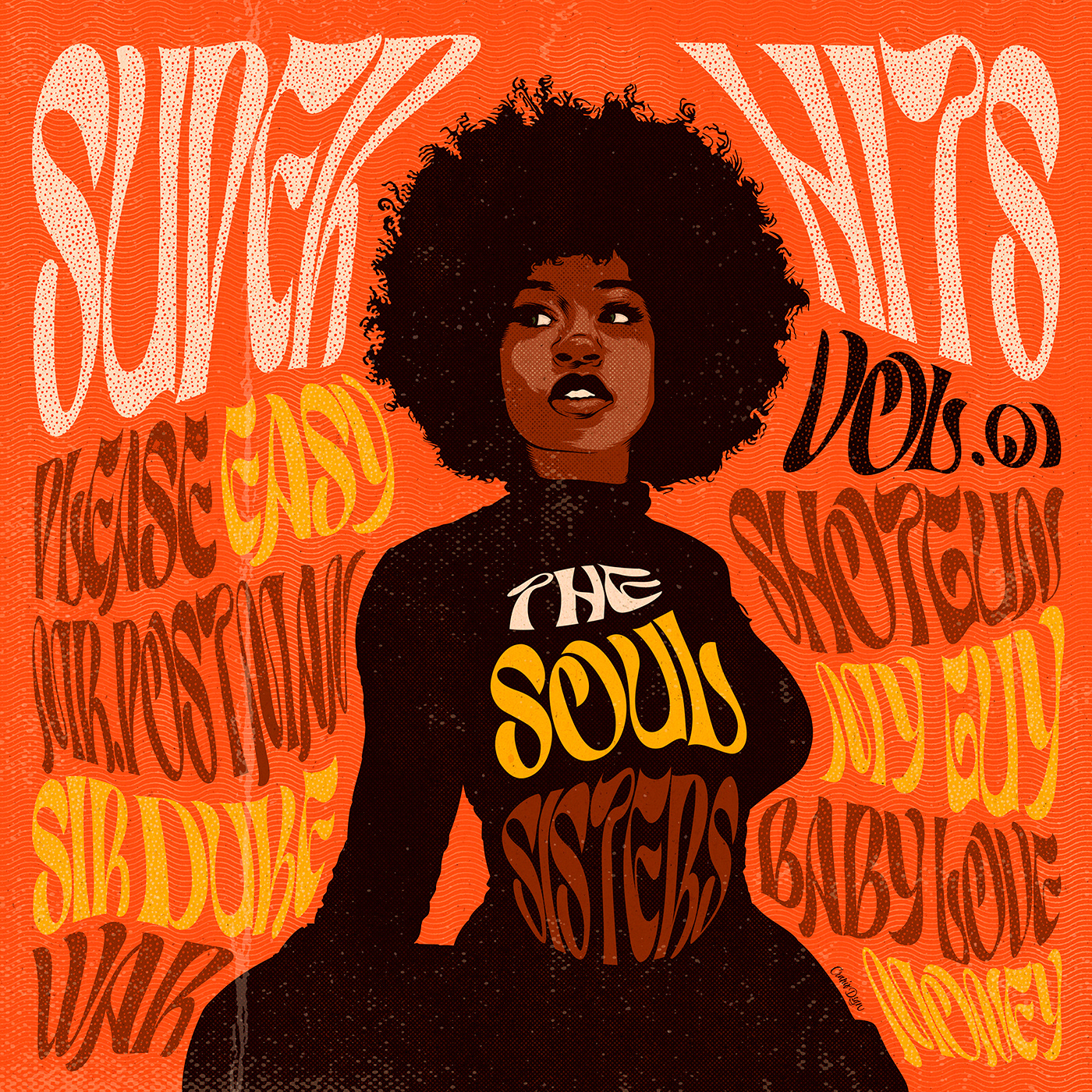album cover soul black woman afro groovy motown vector lettering
