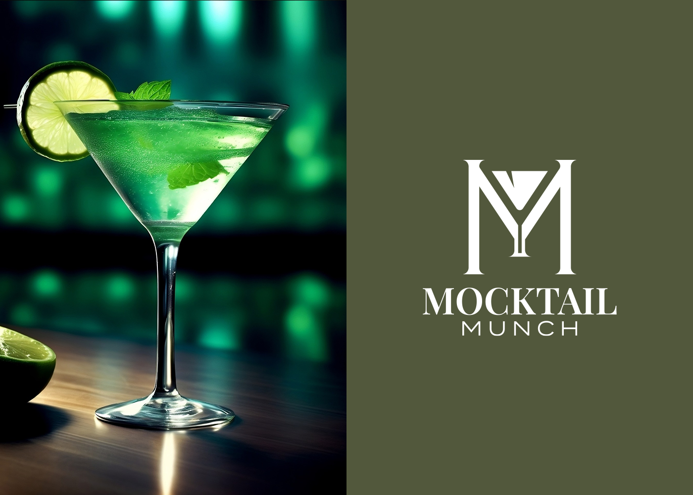 m letter and martini mocktail drink minimal logo isolated on olive green background
