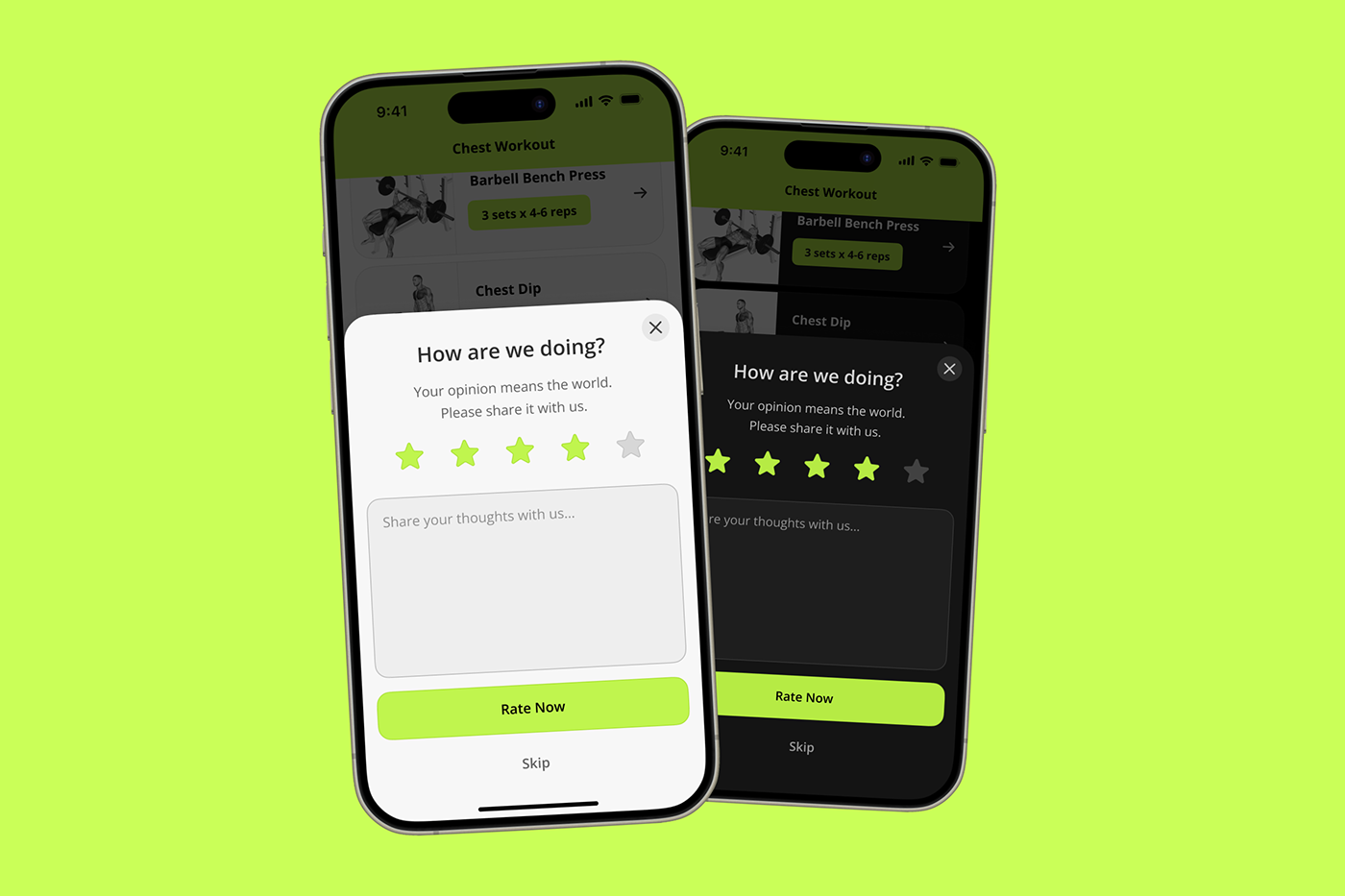 pop up Popup pop-up Overlay UI/UX user interface feedback rating gym workout