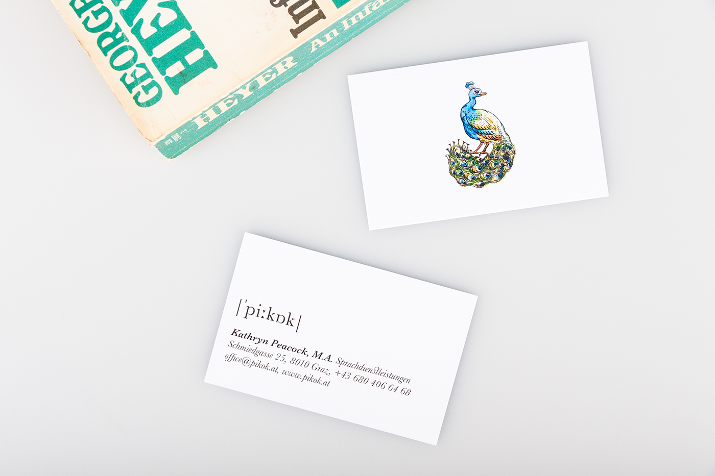Corporate Design peacock books dictionary IPA logo Business Cards notepads bookmarks Baskerville