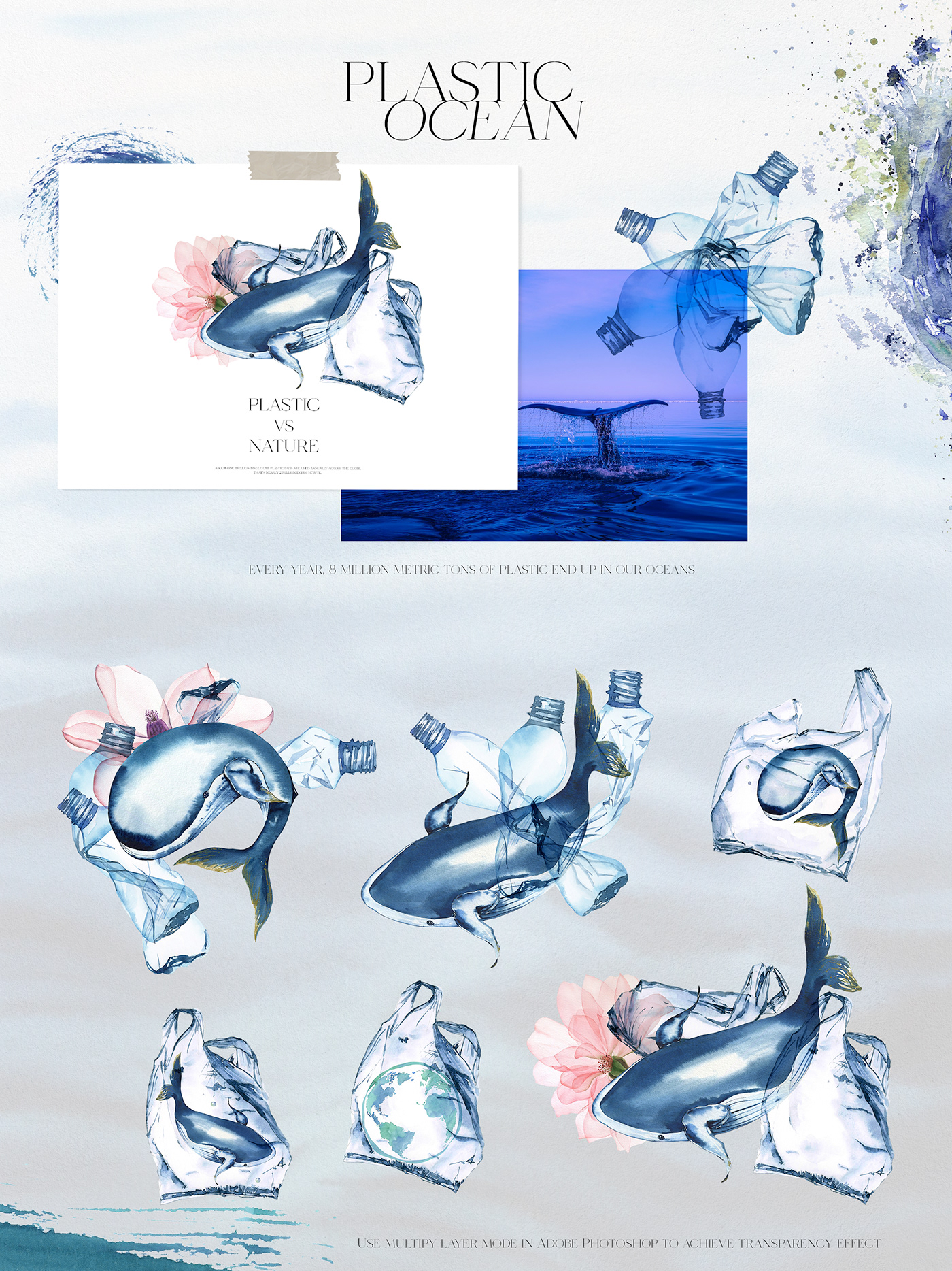 earth day Ecology ocean pollution plastic bottle save the ocean watercolor sea watercolor seaweeds Watercolor whales plastic plastic bag