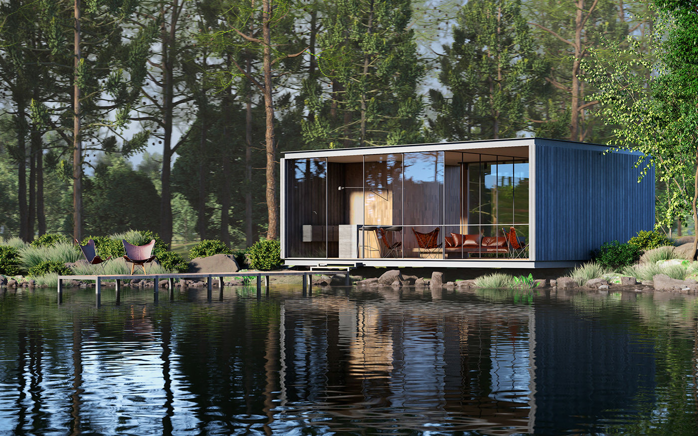 archviz cabin CGI design Interior lake Render wood environment Nature