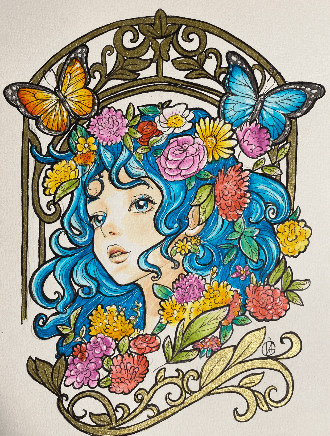 ILLUSTRATION  Drawing  aquarelle femme Fleurs Papillon féérique cheveux bleus feutre