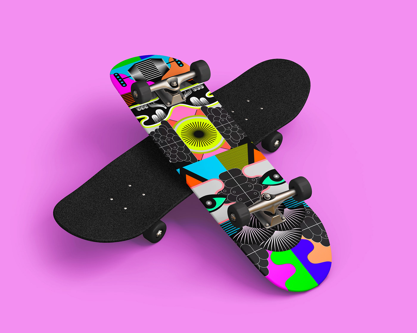 Skateboard designed with a motif and illustration composed and created by graphic designers