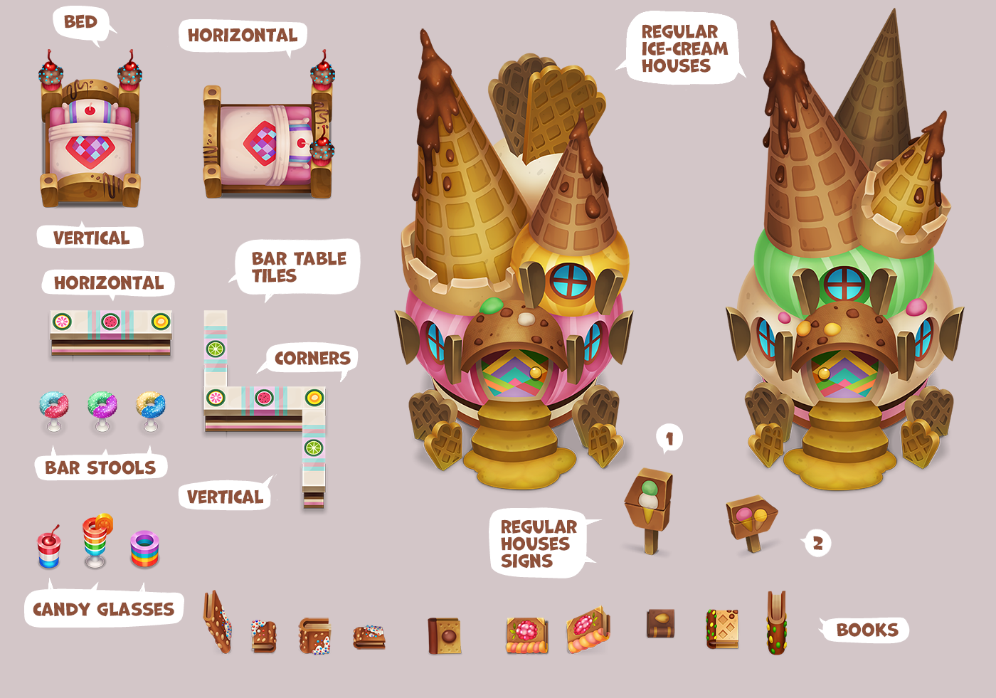 Game Art cartoon concept art game design  fantasy art ILLUSTRATION  Game Assets building items props cute cartoon candy