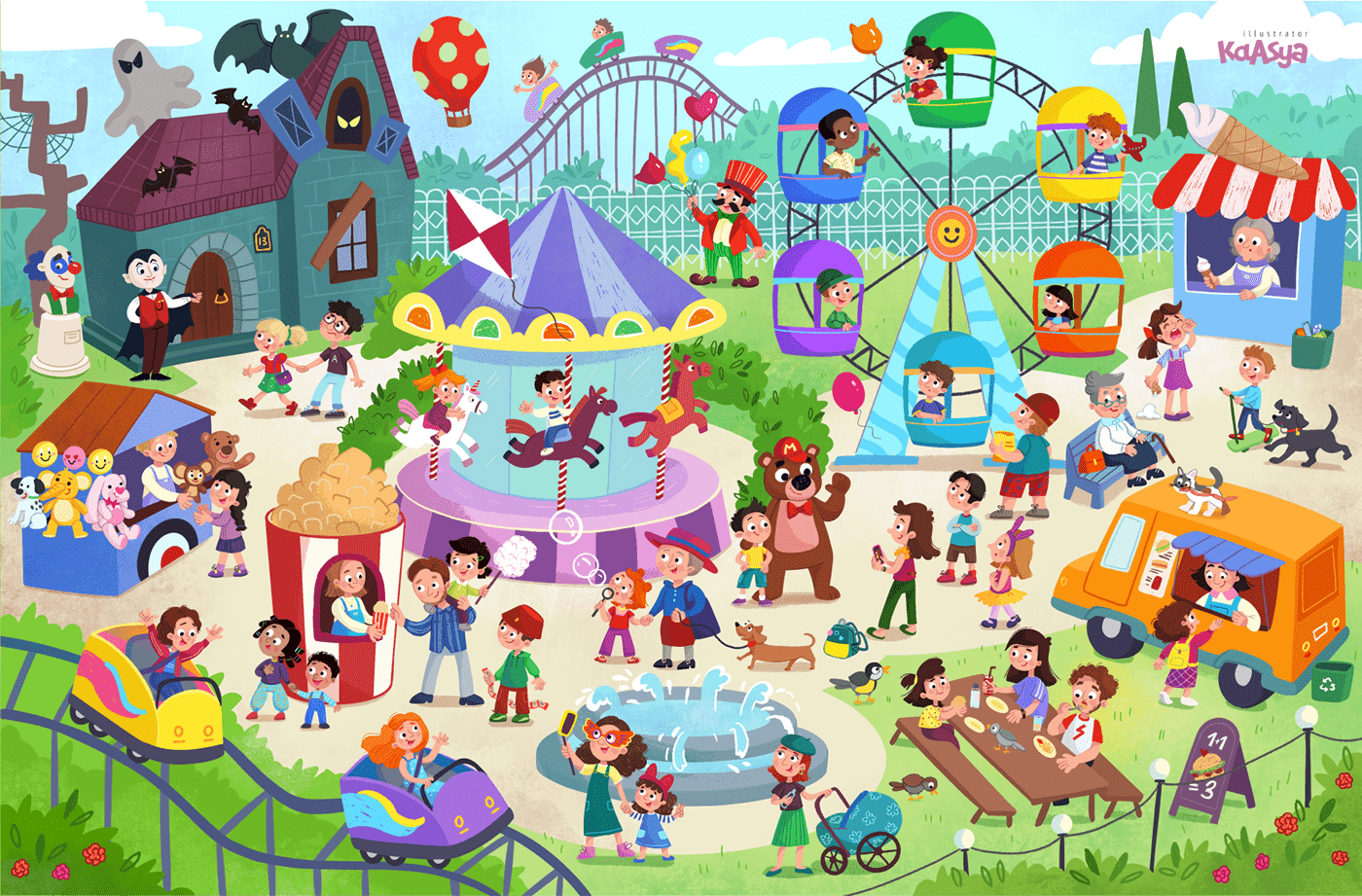 amusement park animals illustration Character design  children illustration kids illustration puzzle Space  Wimmelbuch виммельух пазлы