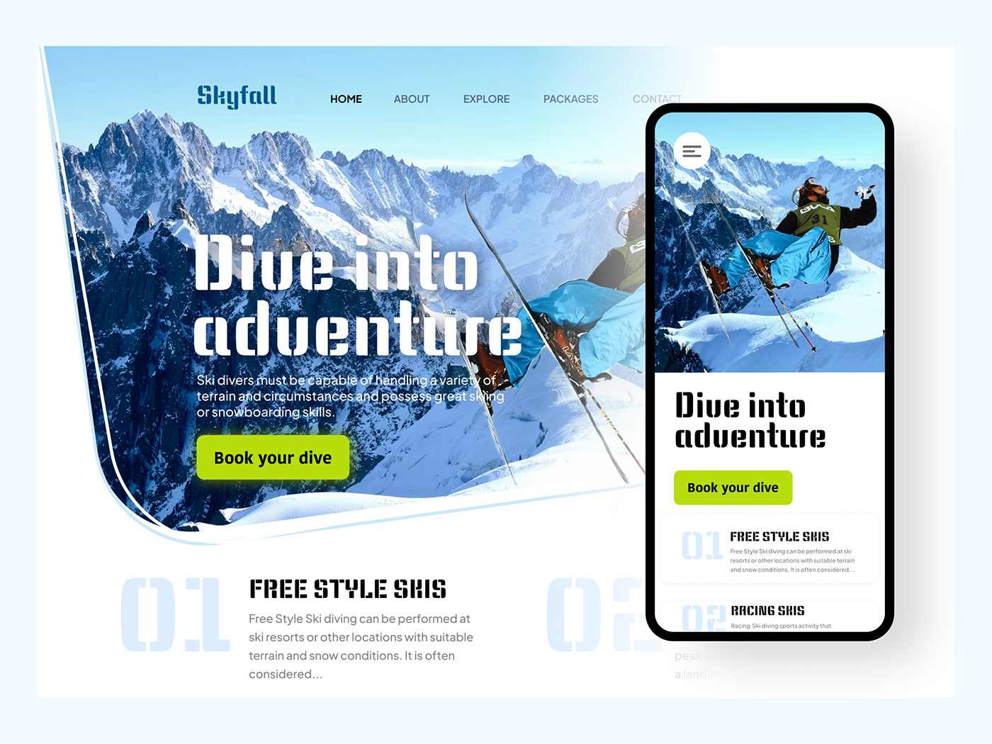 ice landing page mobile ski diving skidiving landing page skiiing snow UI/UX user interface design Webdesign