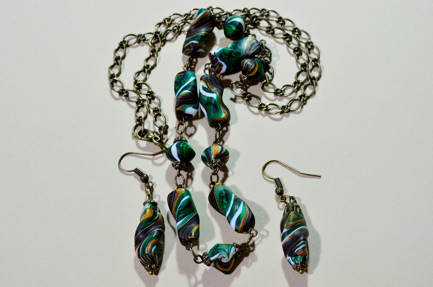 polymerclay   bronze jade green gold Necklace earrings