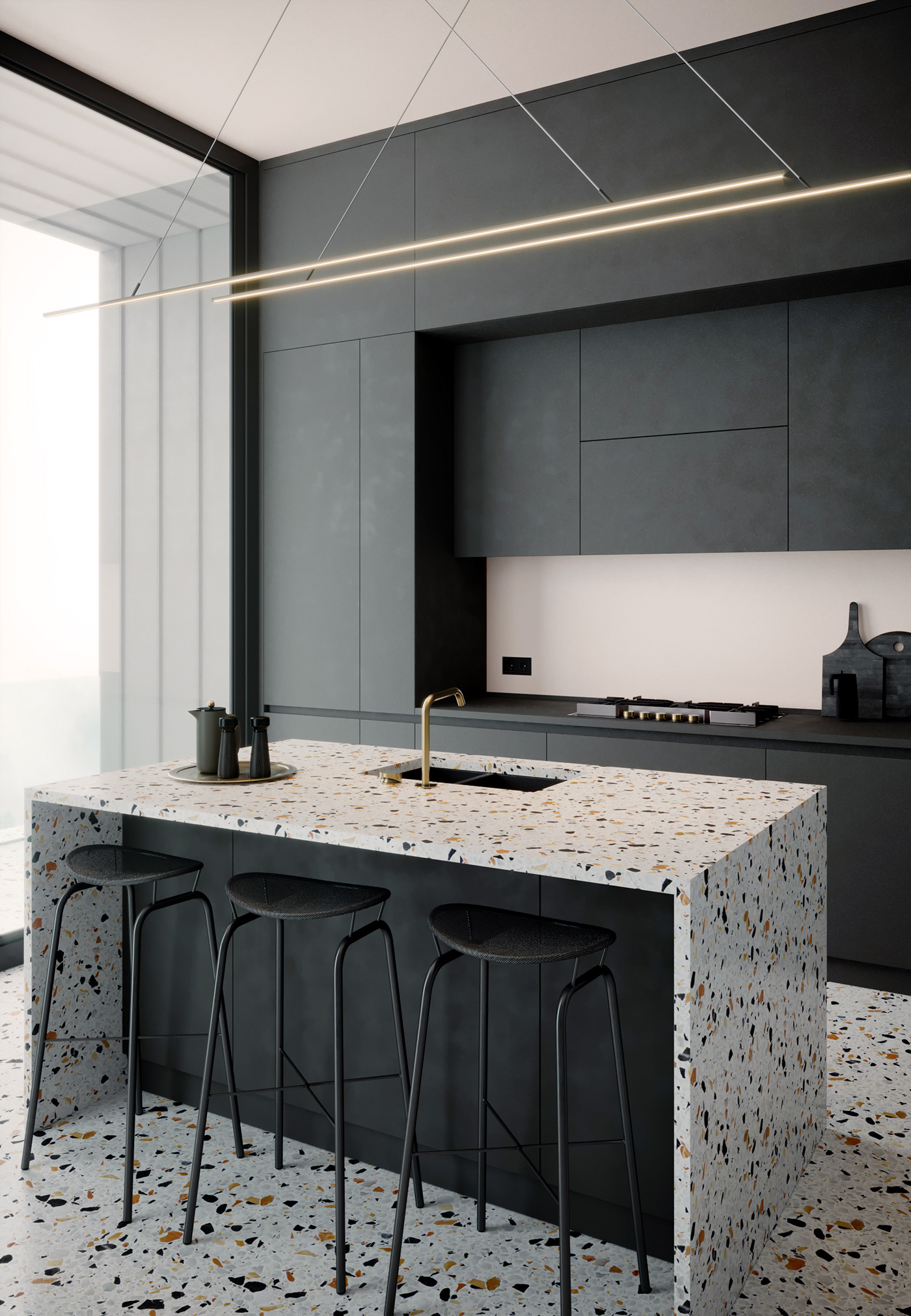 terazzo kitchen texture design black dark color contemporary Interior