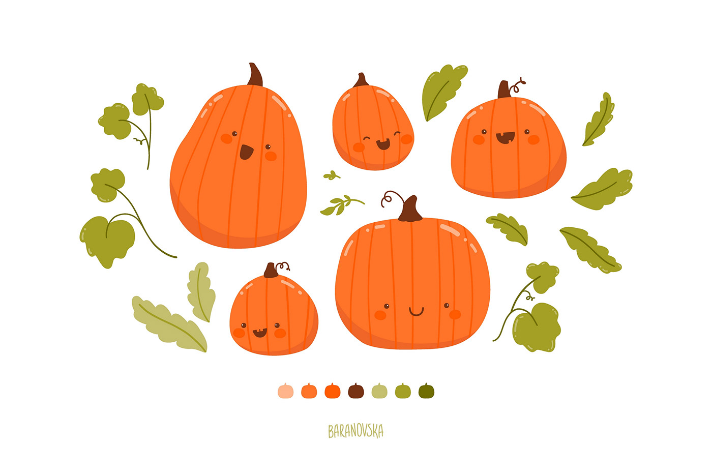 Happy pumpkins - cute illustrations. Clipart and seamless patterns for your autumn design