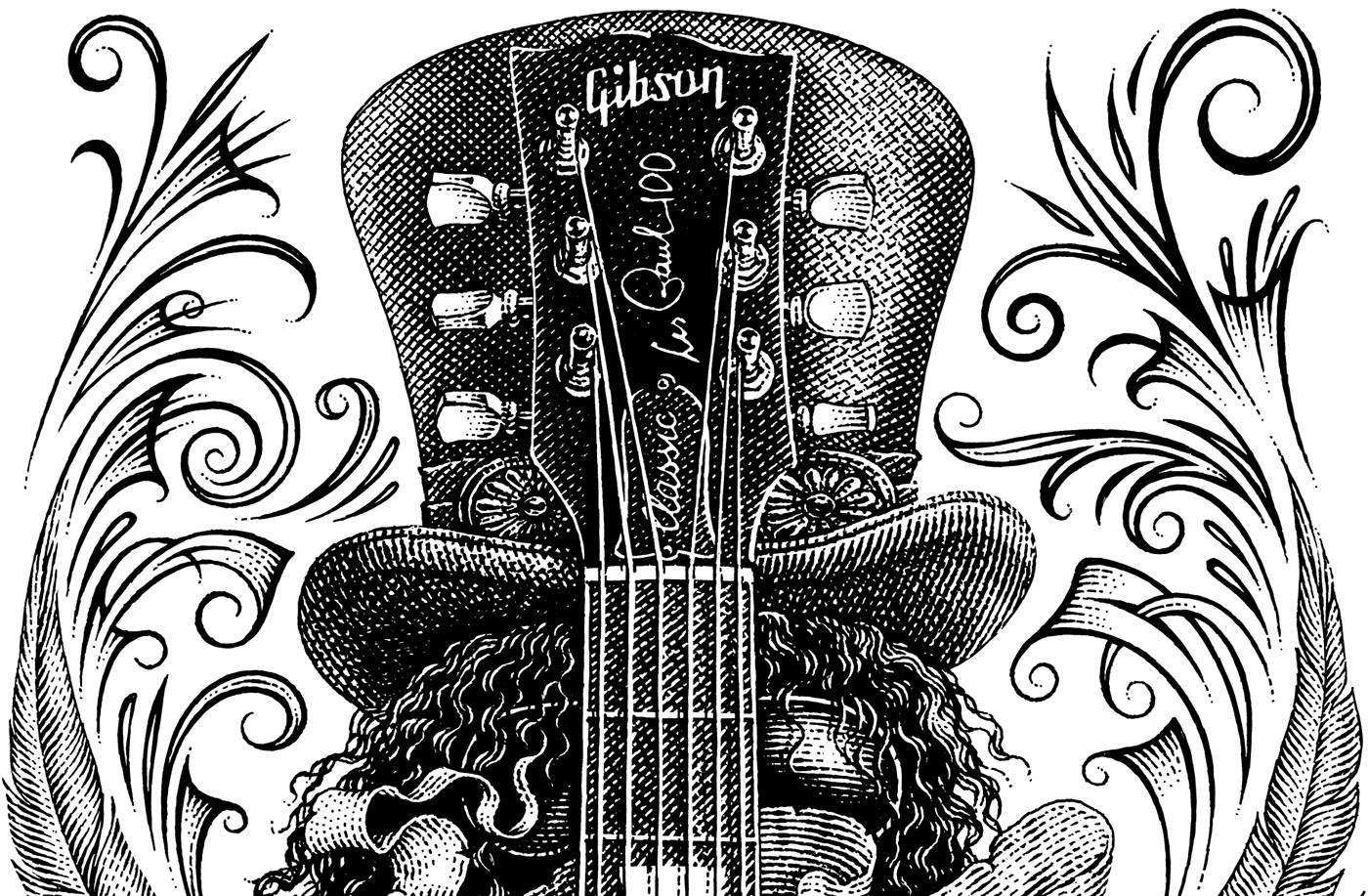 engraving Gibson guitar inkart music poster scratchboard slash woodcut