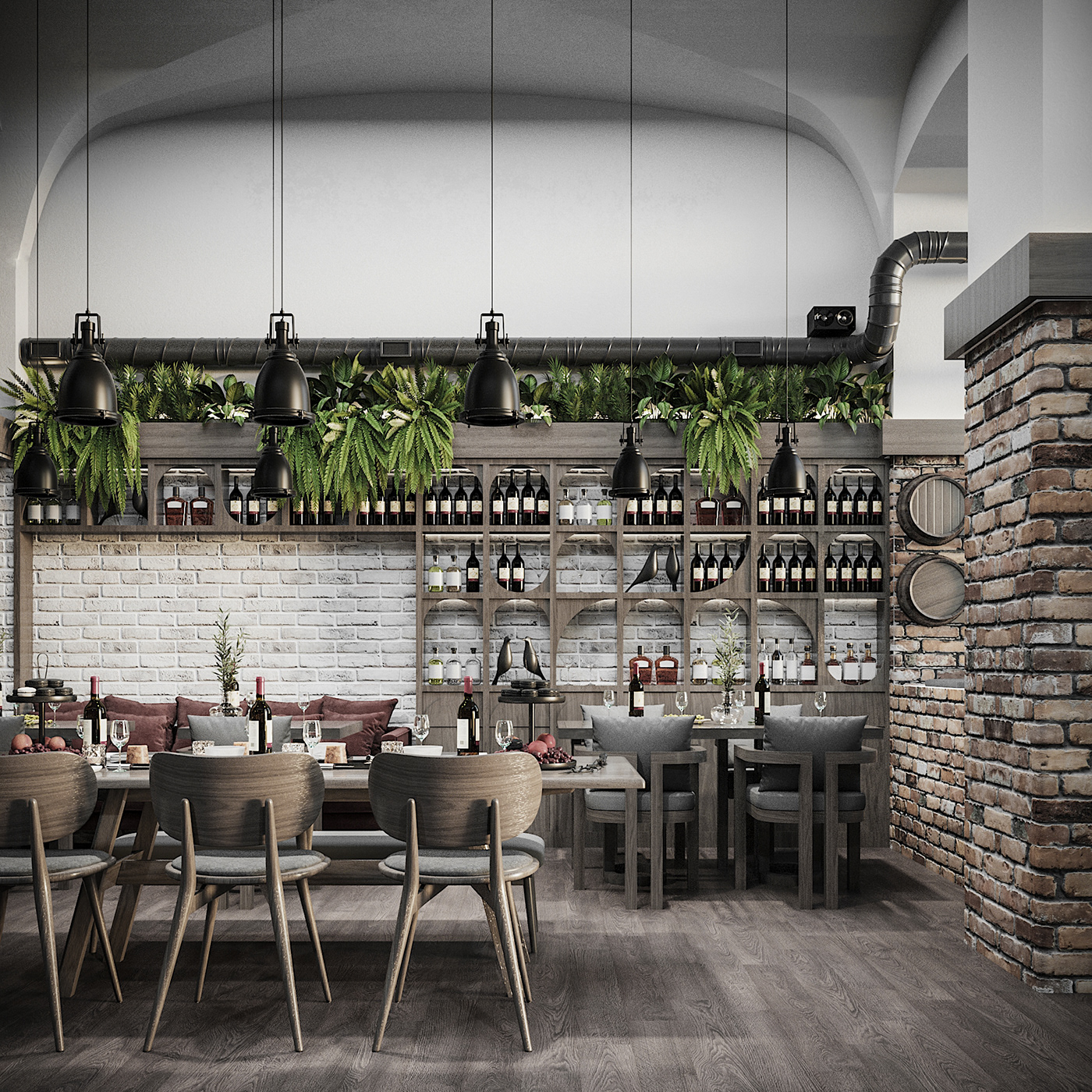 3dsmax bar brick cafe curve Interior LOFT restaurant wine winehouse