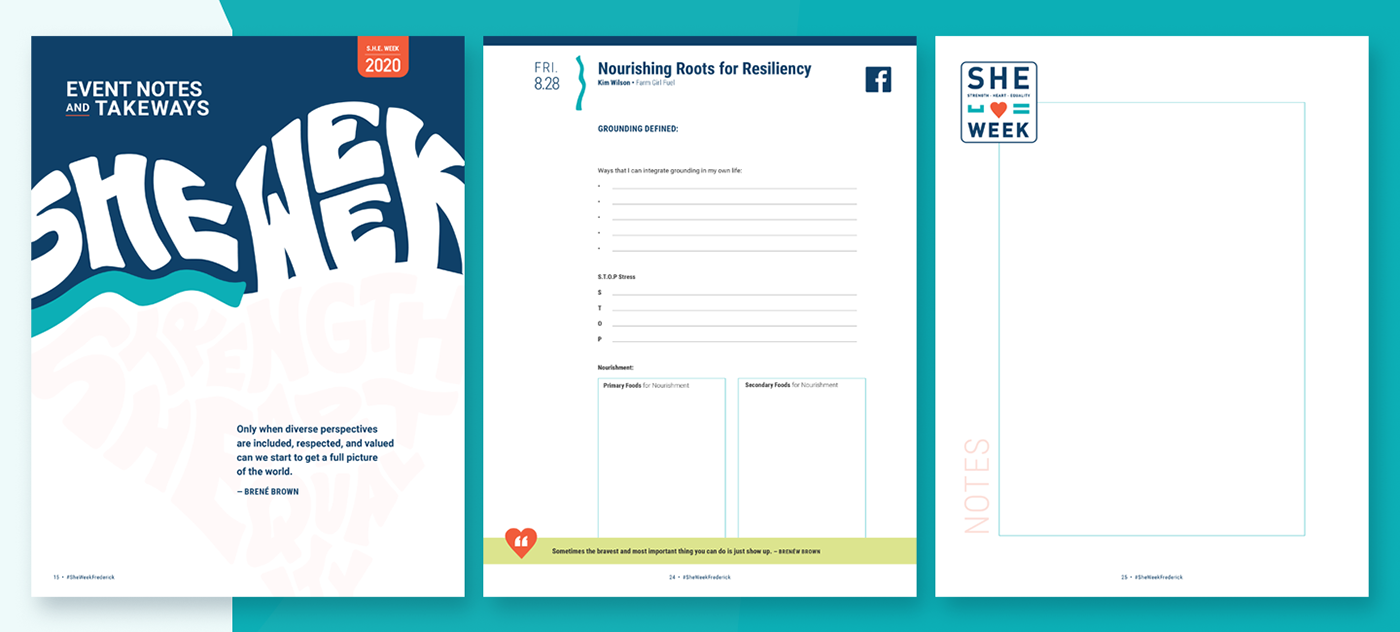 Sample workshop and notes pages from the SHE week interactive PDF