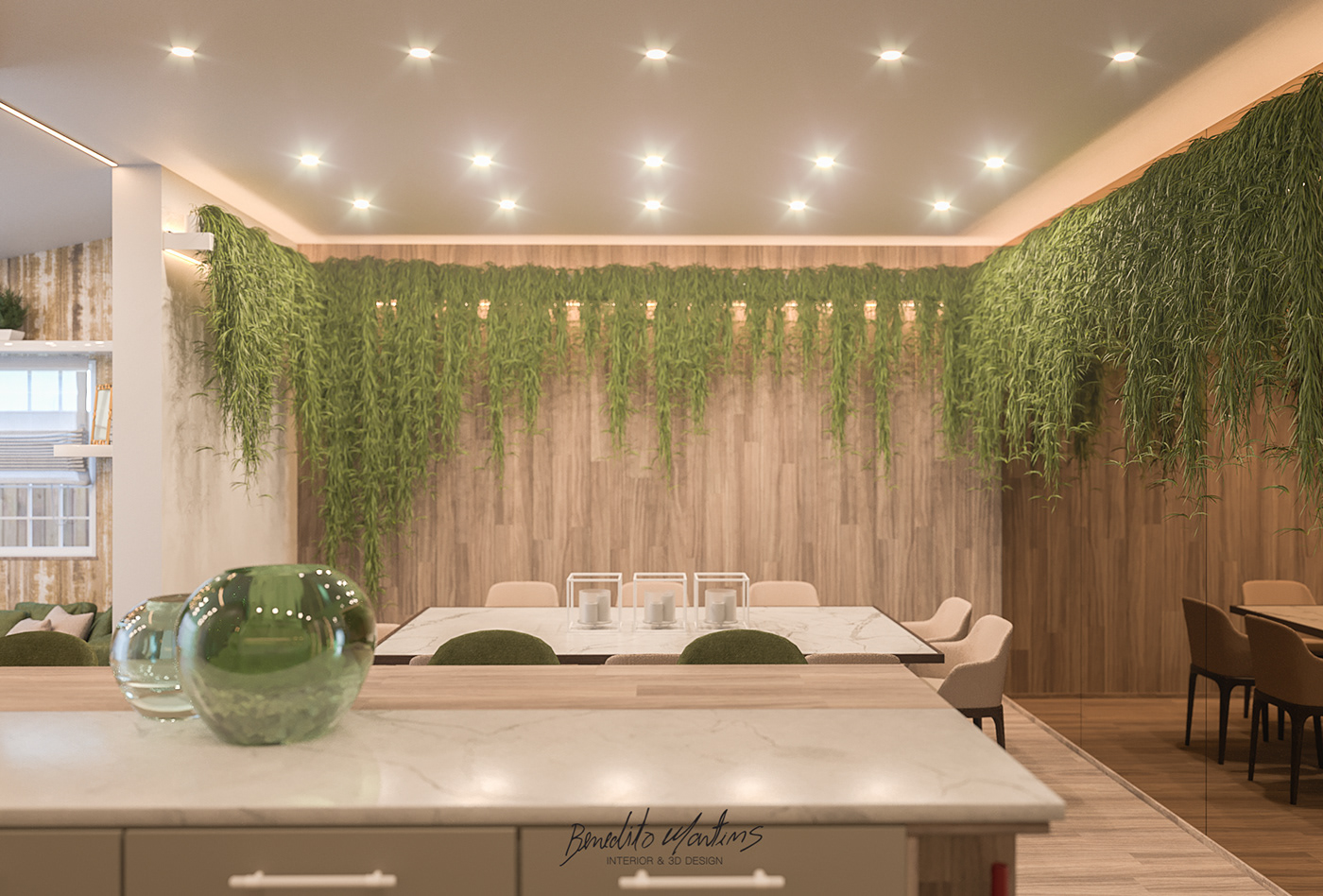 3D apartment decoration green kitchen modern Open Space plants renovation wood