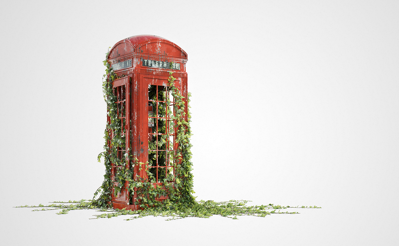 CGI vfx 3D phonebox telephone London still life studio ivy plants old Landmark england UK advert