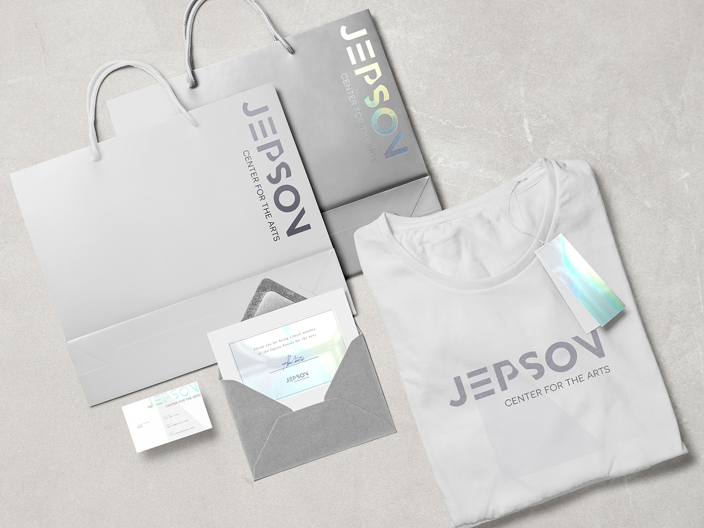 Corporate Identity brand jepson center Savannah museum identity SCAD visual identity iridescent color Stationery sleek modern holographic foil contemporary