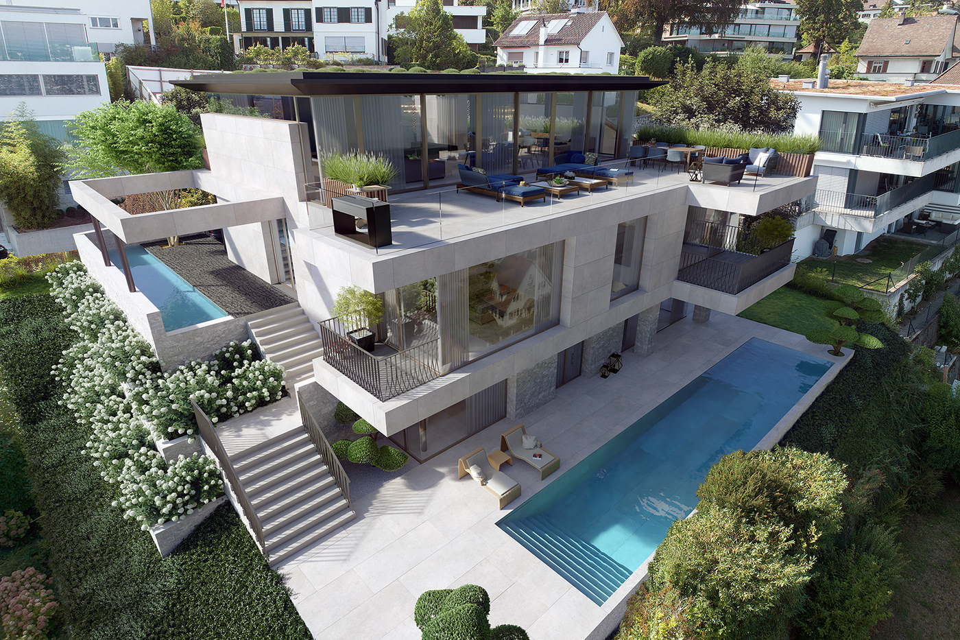 archviz design lake luxury metal modern Pool stone Style Villa