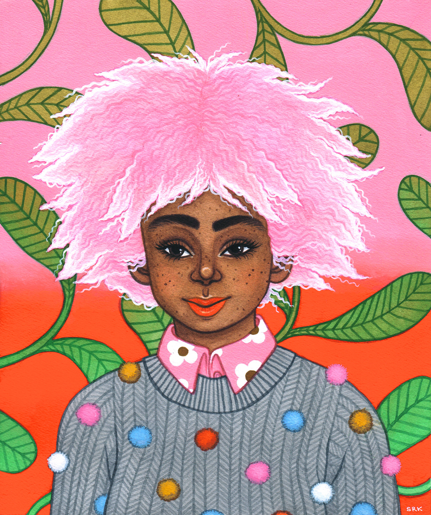 portrait ILLUSTRATION  Illustrator spring fashion pom pom sweater pink hair cute girl