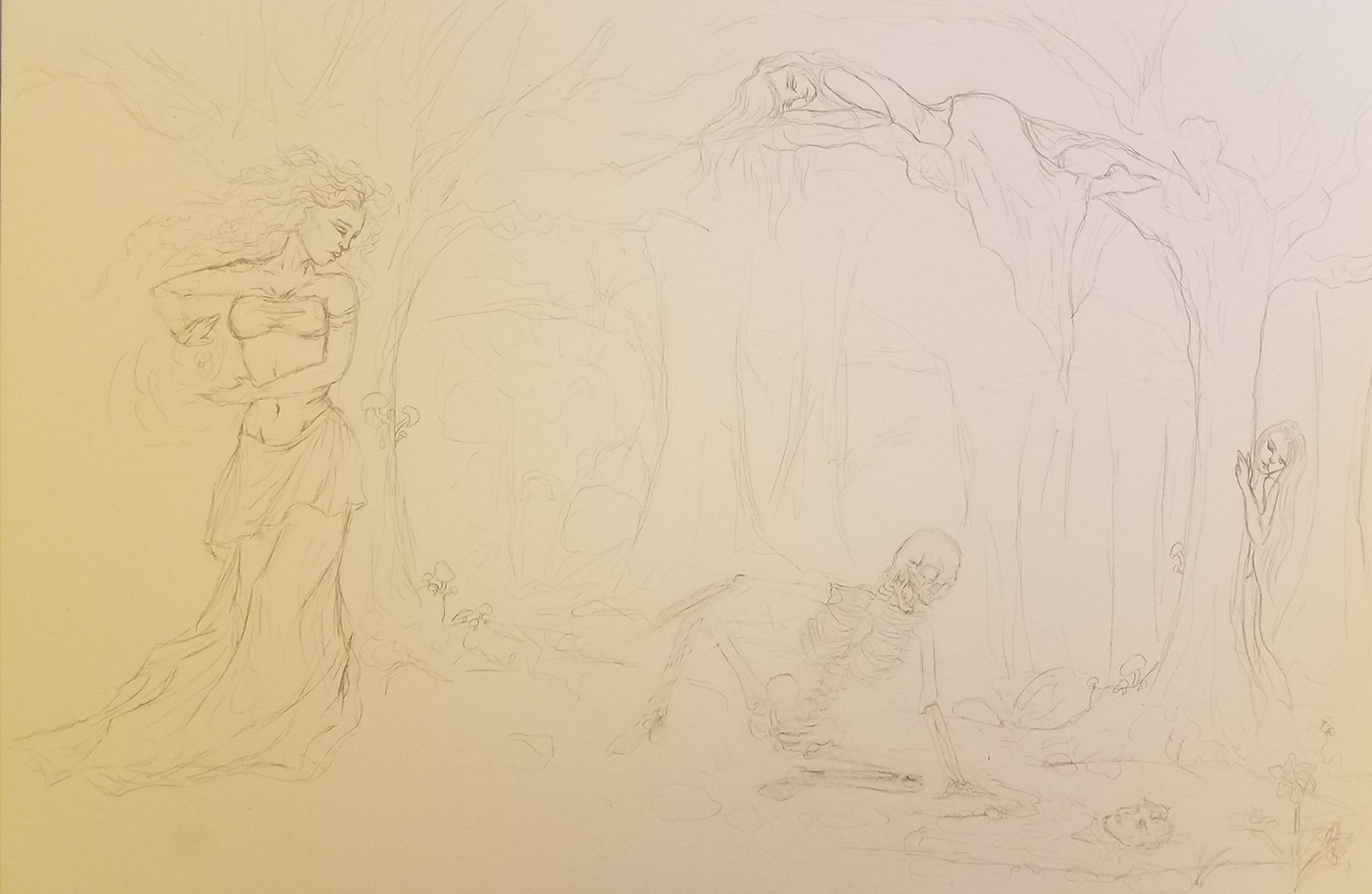 #narcissus #watercolor #sketch #paint #drawing #goddess #daffodil #forestpainting #trees #shadow #skeleton #creepy #dark #fantasy #mythology #vanity #ego #reflection