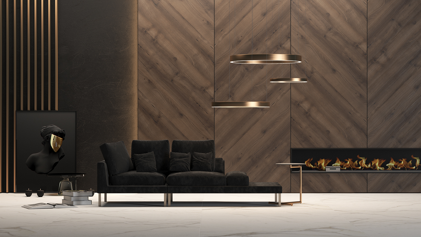 living room Interior design black gold modern wood