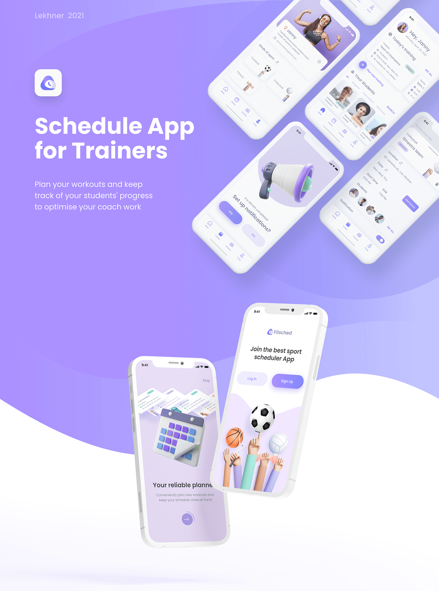3D illustration calendar habit Mobile app personas sport training UI ux violet