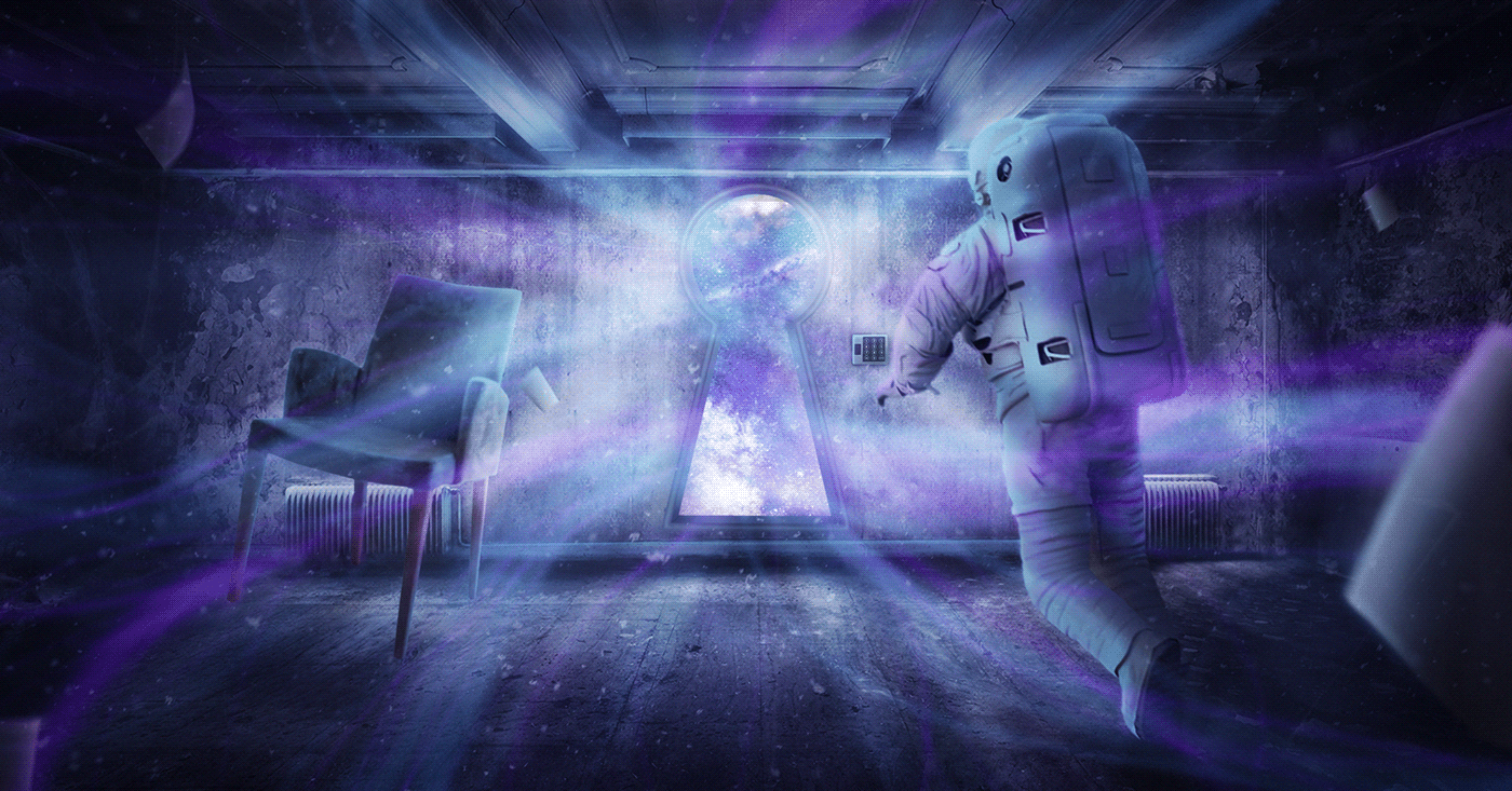 astronaut colorful floating keyhole light trails lights room Space  violet